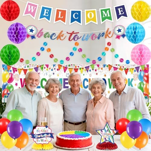 23pcs Welcome Back to Work Decorations Office Colorful Welcome Back to Work Banner Balloons We Missed You So Much Backdrop Table Centerpieces Pompoms Circle Dot Garland for Back to Work Office - Image 7