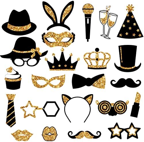 Zonon 24 Pcs Photo Booth Props Set Black Gold Birthday,Golden - Image 6
