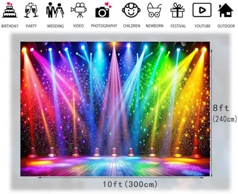 10x8ft Fabric Disco Rainbow Stage 70s 80s 90s Backdrop Vintage Lights Photography Background Rock Music Club Neon Glow Party Decorations Photo Banner 312 - Image 6