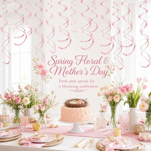 32 PCS Pink Hanging Swirl, Sparkle Ceiling Hanging Decorations, Plastic Streamer Party Decorations for Birthday, Baby Shower, Bridal Shower, Easter, Graduation - Image 6