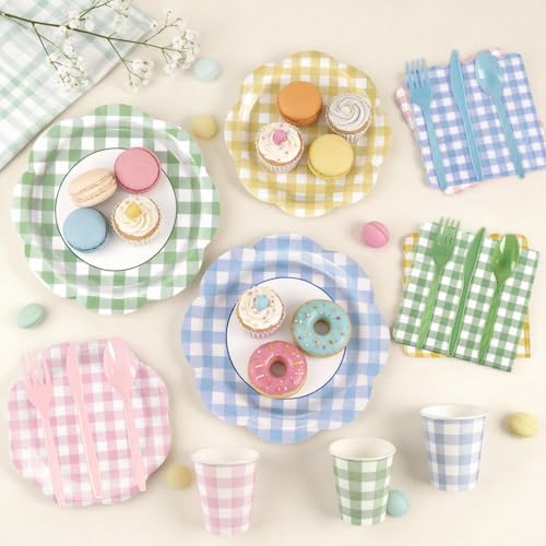 168Pcs Gingham Paper Plates and Napkins Set in 4 Colors for 24 Guests - Image 5