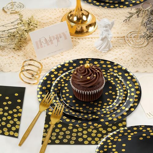 100 Pcs Black and Gold Paper Plates and Napkins Party Supplies,Serves 25 Guests Black Gold Plates and Napkins,Disposable Paper Tableware Set for Birthday Graduation Retirement Decorations - Image 4