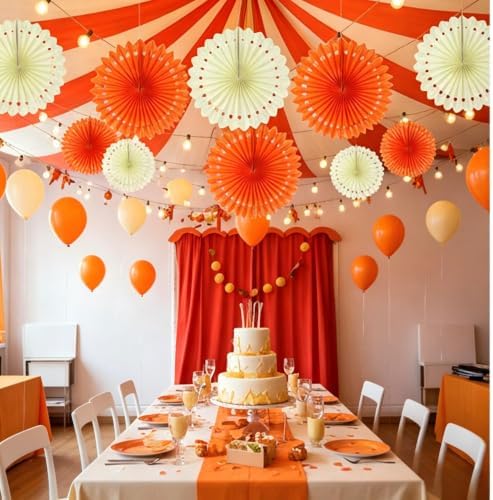 12PCS Orange and Beige Paper Fans Party Decorations,Hanging Ceiling Honeycomb Round Tissue Paper Fans for Sunset Autumn Birthday Wedding Party Decorations - Image 3