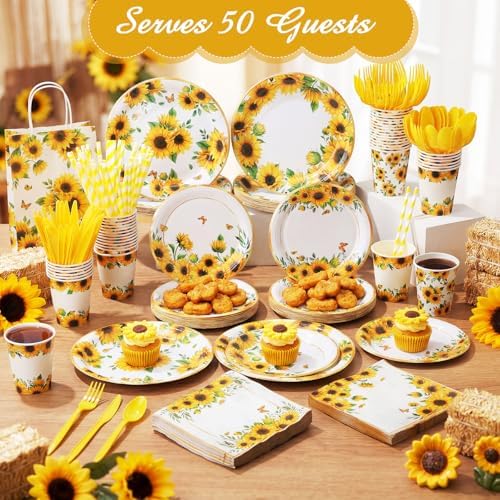 450 Pcs Sunflower Birthday Tableware Set, Serve 50, Yellow - Image 6