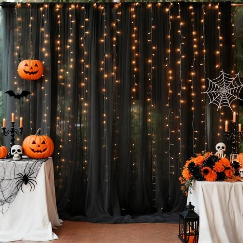 10ft x 10ft Black Backdrop Curtain with Lights String for Parties, Sheer Tulle Wedding Photo Backdrops Drapes for Baby Shower Birthday Party Decorations Background for Photography - Image 5