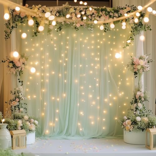 Fomcet Tulle Backdrop Curtains with Lights Sage Green 10x8ft Sheer Curtain - Image 6