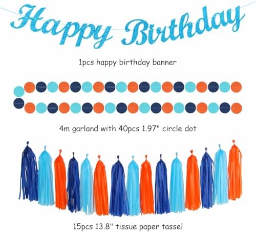 Royal-Light Blue Orange Happy-Birthday Party-Decorations - 31pcs Men Boys Paper Lanterns Streamers Banner,Navy Tissue Flowers Pom Poms Fans Tassels Garland Decor Backdrop Supplies Hugmoon - Image 3