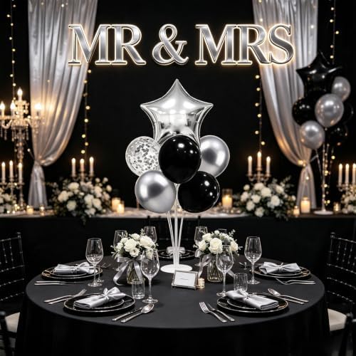 New Years Eve Party Supplies, 4 Set Black Silver Balloon Stand Kit - Image 5