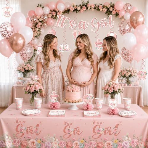 213Pcs Floral Girl Baby Shower Decorations Tableware Set, 25 Serves - Image 3