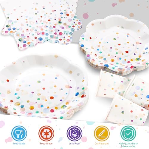 Colorful Birthday Plates and Napkins 350PCS Confetti Colorful Paper Plates Happy Birthday Disposable Tableware Set Serve 50 for Art Paint Party Supplies Bubble Decorations - Image 3