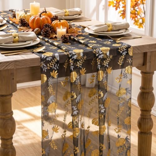 Artoid Mode Fall Gauze Table Runner 120 Inch, Metallic Foil Leaves - Image 6