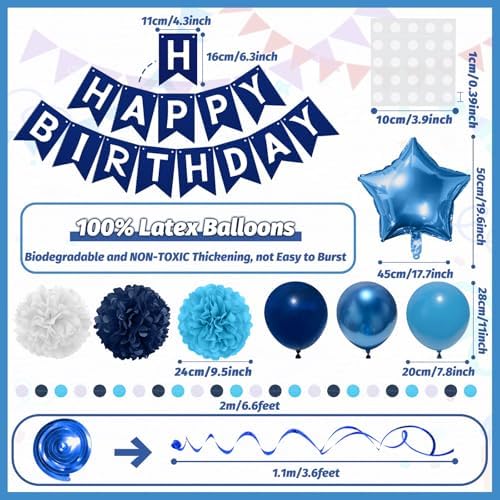 Navy Blue Birthday Decorations, Happy Birthday Banner with Paper Pompoms, Hanging Swirls, Garland, Party Balloons Happy Birthday Party Decorations for Women Men Boys Girls - Image 3