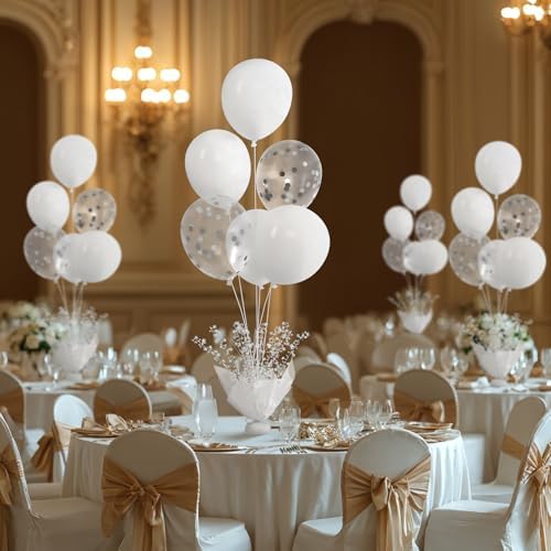 6 Set White Table Balloons Centerpiece with White and Confetti Balloons Stand Kit for Birthday Party Baby Shower Wedding Bridal Shower Prom Cake Table Decorations - Image 4
