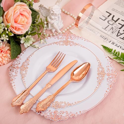 Morejoy 175PCS Rose Gold Plastic Plates & Disposable Dinnerware Sets - Image 3