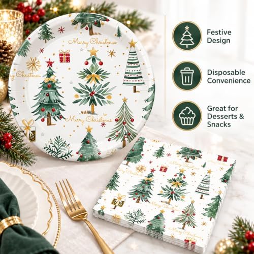 50PCS Happy Birthday Plates and Napkins, 7inch Colorful Dots Cake Dessert Plates Disposable Paper Dinnerware Set Party's Supplies Decorations (Xmas, 7 Inch) - Image 4