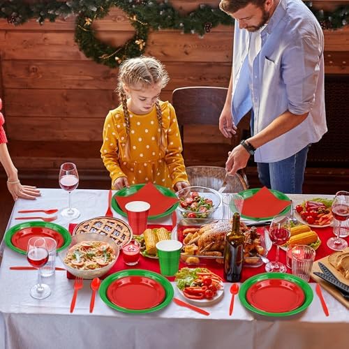 Aodaer 400 Pieces Christmas Party Supplies Red Green Plastic Dinnerware Include Plates Cups Knives Forks Spoons Paper Napkins for Christmas Birthday Wedding Parties, Serve 50 Guests - Image 5