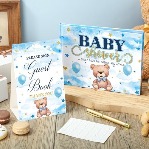 Fuyoooo 27 Pcs Blue Color Bear Baby Shower Guest Book Set Baby Shower Sign - Image 2