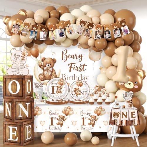 Beary First Birthday Decorations,Teddy Bear Birthday Decorations Set for First Birthday Theme Boy With Backdrop, Balloons, One High Chair Banner,Plates,Napkins,Cake Toppers,272pcs by Lenyunge