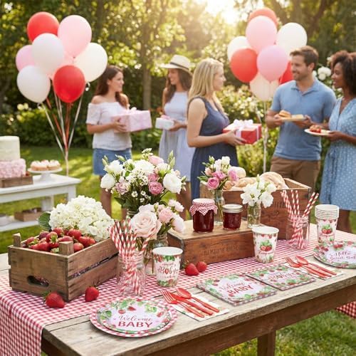 450 Pcs Strawberry Baby Shower Tableware Set, Serve 50, Red and Pink - Image 4