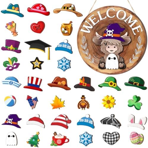Vicenpal 35 Pcs Fall Interchangeable Highland Cow Welcome Sign, Red Brown by Vicenpal