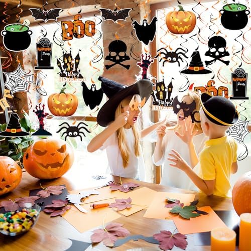 PartyGarden Halloween Hanging Swirl Decorations - 36 Pcs Hanging Spooky Ceiling Decor with Ghost, Pumpkin, Skull for Home, Office, Party - Image 4