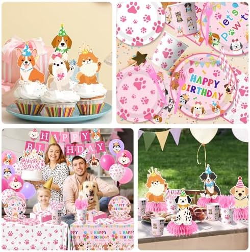 Dog Birthday Party Decorations Include Lets Pawty Plates Napkins Pink Puppy Tablecloth Banner Balloons Cupcake Toppers Tableware Set for Girls Puppy Birthday, Dog Party Decorations Serves 24 - Image 5