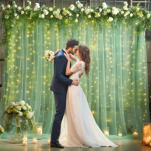 20x8ft Olive Green Tulle Backdrop Curtain with Lights String for Parites, Sheer Backdrop Curtains for Wedding Baby Shower Birthday Party Photo Shoot Decorations - Image 6