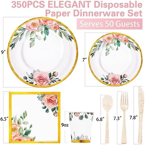 350PCS Floral Paper Plates Set, Disposable Plates With Gold Rim Serve 50 Guests, Party Supplies for Adults Garden Tea Party Bridal Shower Decorations - Image 2