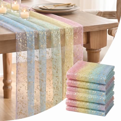Artoid Mode 6-Pack Gold Gauze Table Runner 120 Inch 10FT, Rainbow Glitter Metallic Foil Sheer Dining Wedding Anniversary Holiday Birthday Table Decor for Home Party by ArtoidMode