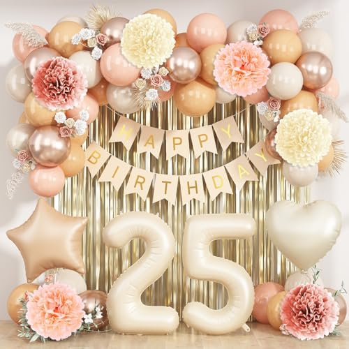 Beige Happy 25th Birthday Party Decoration for Her Cream Number 25 Balloon by KAINSY