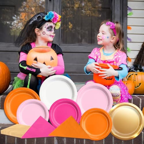 CMUSKO Pink and Orange Party Decorations - 150Pcs Sunset Tropical Plates and Napkins Pink Pumpkin Halloween Tableware Serves 50 for Birthday,Baby Shower, Bachelorette Party - Image 3