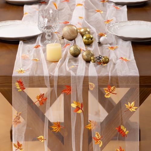 Maple Leaf Table Runner Fall Tulle Gauze Sheer Cheesecloth Party Home Decor - Image 2