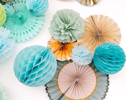 PapaKit 26pc Deluxe Large Sage Green & Gold Party Decoration Set - Premium Paper Fans, Honeycomb Balls & Pom Poms Backdrop - Party Wall Decor for Baby Shower, Wedding, Birthday, & Bridal Shower - Image 4