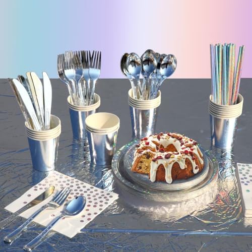 201-piece disposable party tableware set with paper plates, cups, napkins, straws, tablecloths, plastic knives, forks and spoons for a variety of party occasions for up to 25 people (Silver Star) - Image 4