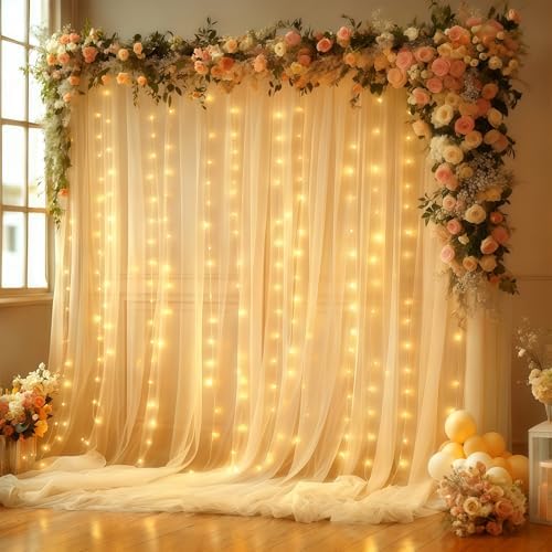 Wish Care 20x10FT Champagne Wrinkle Free Backdrop Curtains with Lights String for Parties - Photo Curtain Backdrop with Lights for Wedding Decorations, Bridal Baby Shower Birthday Party Photography by WishCare