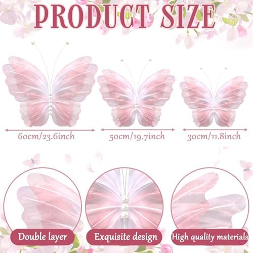 10 Pcs 24'' 20'' 12'' Large Gradient Pink Pearl Butterfly Decoration 3 Size - Image 2