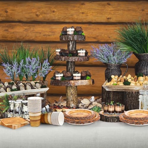 Kochorie 96 Pieces Camping Wood Grain Slice Tableware Set Rustic Wood Party Supplies Including Paper Plates Cups Napkins Serves 24 Guests for Hunting Baby Shower Lumberjack Birthday Party - Image 5
