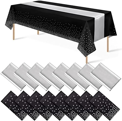 16Pack Disposable Plastic Tablecloths and Satin Table Runner Set Black and Silver Dot Tablecloth Silver Satin Table Runner for Wedding Birthday Baby Shower Anniversary Christmas New Year Party Supply by MASHAN