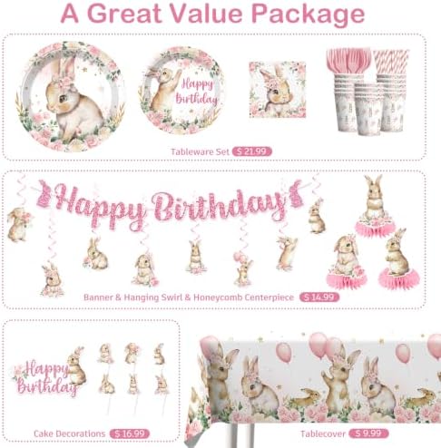 Xynic 205pcs Bunny Birthday Decorations Complete Tableware Set, 25 Guests - Image 3