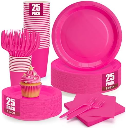 Hot Pink Plates and Napkins Party Supplies, Include 9’’Disposable Hot Pink Paper Plate, 7’’Dessert Plates and Cups and Napkins Forks Set for Birthday, Anniversaries, Wedding, Serves 25 by CENLBJ