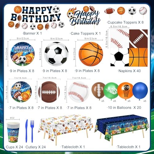 191 PCS Sports Birthday Party Decorations Includes Plates, Napkins, Cups, Knives, Forks, Banner, Cake & Cupcake Toppers, Tablecloth for Sports Themed Party Decorations, Serves 24 - Image 2
