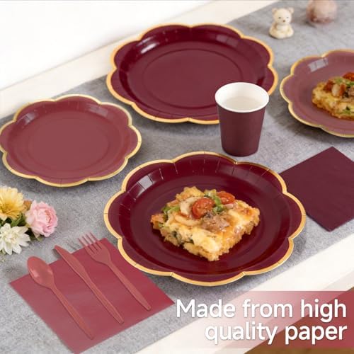 168Pcs Burgundy Paper Plates and Napkins Party Supplies for 24 Guests - Image 2