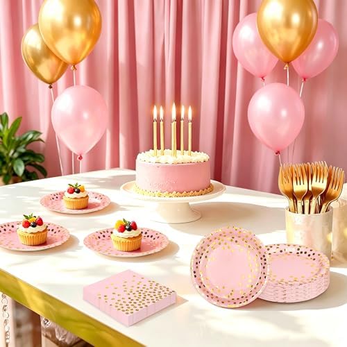 150 PCS Pink and Gold Paper Plates and Napkins Party Supplies,Serves 50 Guests Pink Gold Plates and Napkins,Disposable Paper Tableware Set for Birthday Wedding Bridal Shower Baby Shower Decorations - Image 6