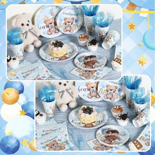 350pcs Bear Baby Shower Decorations for 50 Guests Party Supplies for Boy Include Paper Plate, Napkin, Cup and Disposable Plastic Tableware - Image 3
