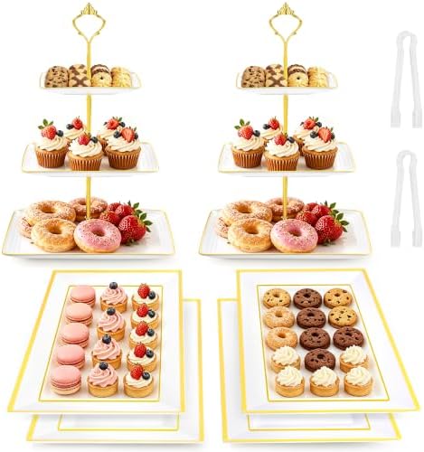 8 Pcs Dessert Display Set, 2 3-Tier Cupcake Stands, 4 Trays & 2 Tongs by Lzerking