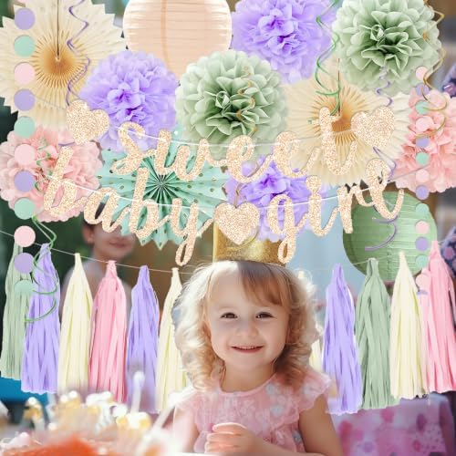 Sage Green and Blush Purple Baby Shower Decorations - Sweet Baby Girl Banner, Olive Green Lanterns, Streamers, Tissue Pom Poms, Paper Fans, Boho Paper Tassel, Rustic Backdrop Decor - Image 7