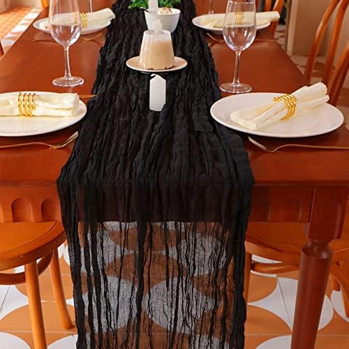 Snowkingdom 10 Ft Black Cheesecloth Table Runner, 120 inch Long Cheese Cloth Boho Gauze Runner for Wedding Bridal Baby Shower Birthday Holiday Party Sheer Halloween Table Decorations by Snowkingdom