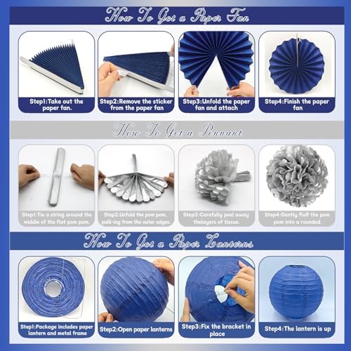 Meiduo 34 Pcs Blue Silver Party Decorations, Fans Lanterns Pom Poms Set - Image 7