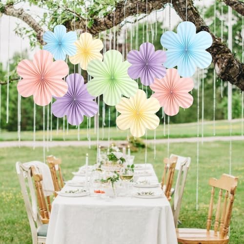 SUNBEAUTY Pastel Paper Flowers Decorations for Wall, Hanging Paper Fans Paper Floral Backdrop Decor Paper Fans Decoration Mothers Day Birthday Wedding Baby Shower, Set of 9 - Image 6