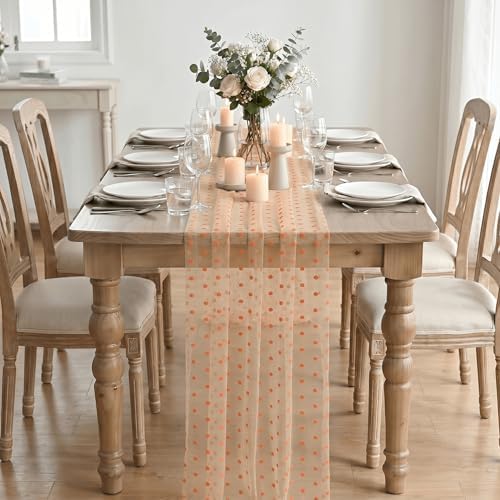 Artoid Mode Beige Gauze Flocking Orange Dots Table Runner 10FT,Seasonal Sheer Dining Table Decor for Wedding Anniversary Holiday Birthday Home Party - Image 2